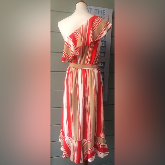 VICI stripe, ruffle one shoulder faux wrap midi dress. w/sash tie M ⚡️FLASH SALE - Picture 12 of 16